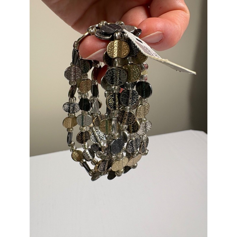 Chicos Multi Strand Stretch Bracelet Hammered Metallic Disc Gold Silver Boho NEW gallery