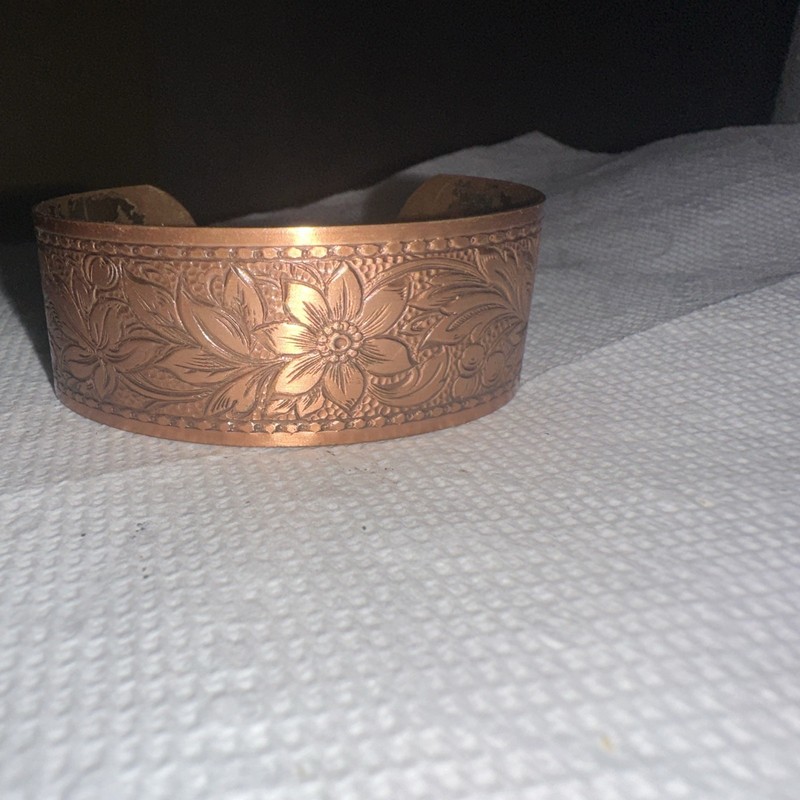 Copper Engraved Floral Cuff Bracelet Wide Band Metal No Stone Flowers Theme gallery