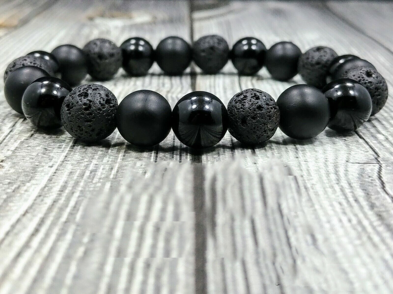 8" 10mm Matte & Polished Onyx+Lava Gemstone Beaded Men's No Metal Bracelet gallery