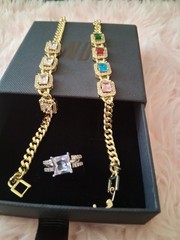 Gold Tone Chain Link Bracelet with Square Multicolor Crystal Stones