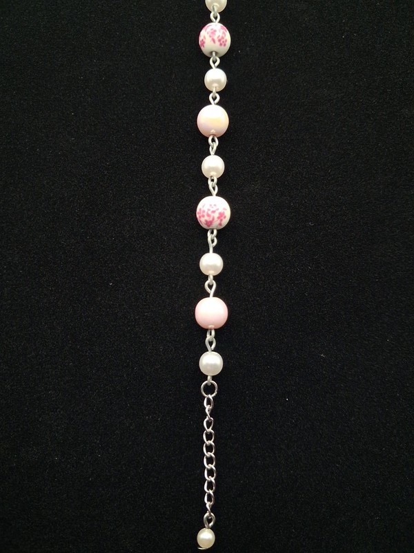 Pink Floral Beaded Bracelet White Faux Pearl Silver Tone Link Coquette Aesthetic gallery