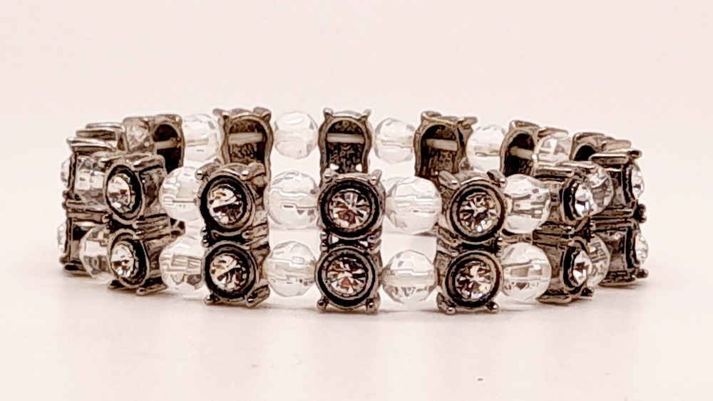 Boho Double Row clear bead Stretch Bracelet With in Antique Silver clear crystal