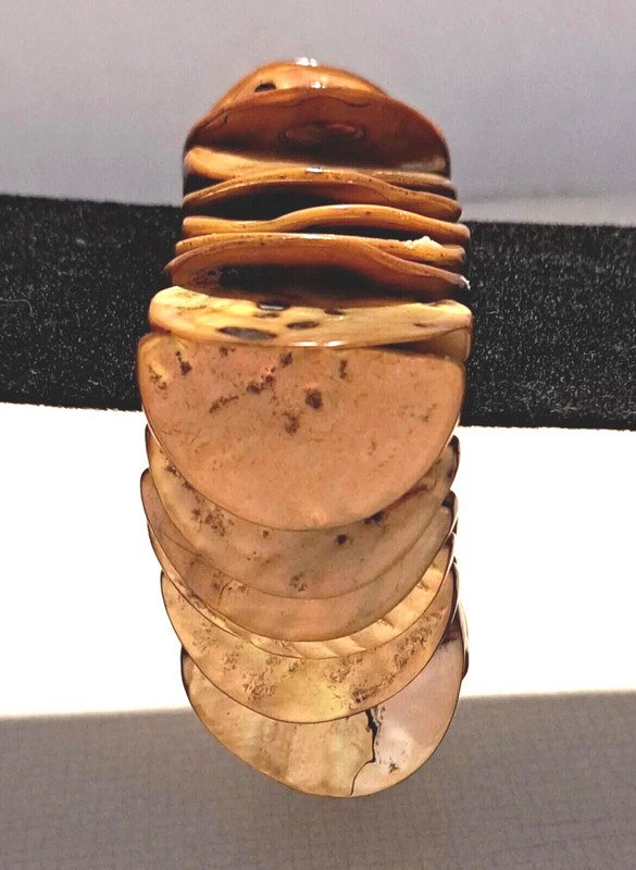 Natural Abalone Bracelet Iridescent Tan Stretch Wide Bangle gallery