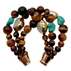 8″ 3 Strands Yellow Tiger Eye Blue Turquoise White Keshi Pearl Bracelet