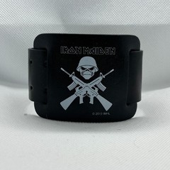 Rock Band Iron Maiden Eddie Skull With Crossed Rifles Black Leather Bracelet