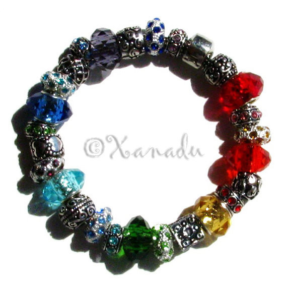Rainbow Colors European Charm Bracelet - Red, Yellow, Green, Purple, Blue Beads gallery