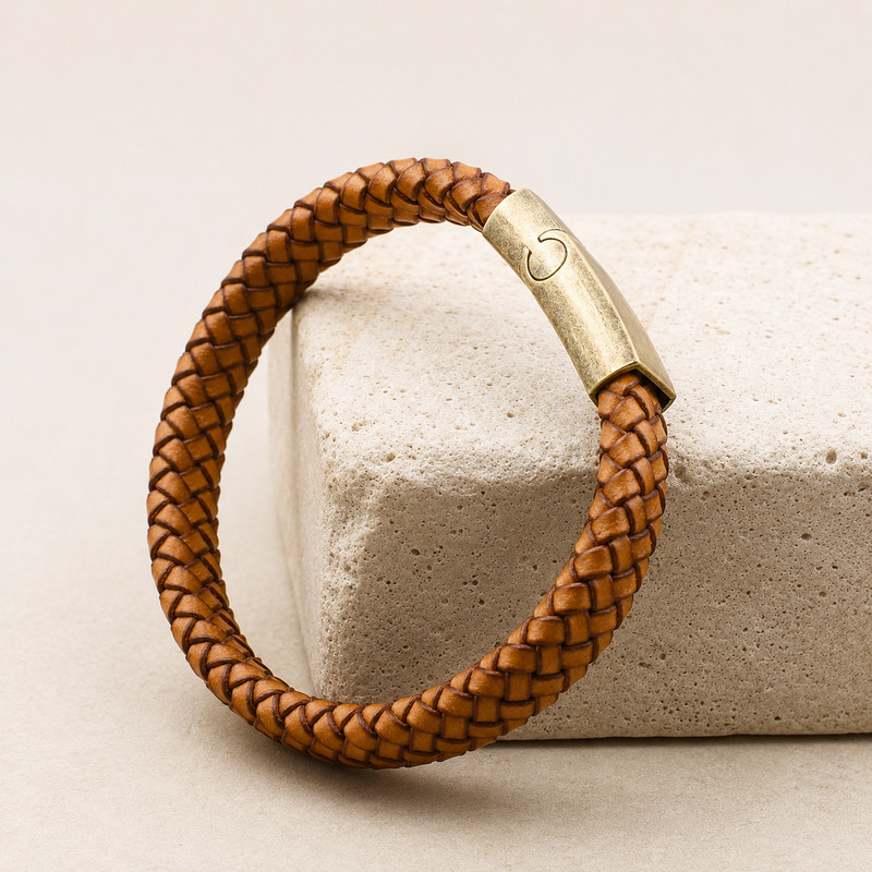 Men’s Leather Bracelet – Black or Tan – Braided – XL 22.5cm – Magnetic Clasp gallery