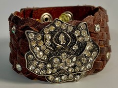 Braided Leather Pave Rhinestone Rose Bracelet Snap Closure Reddish Brown
