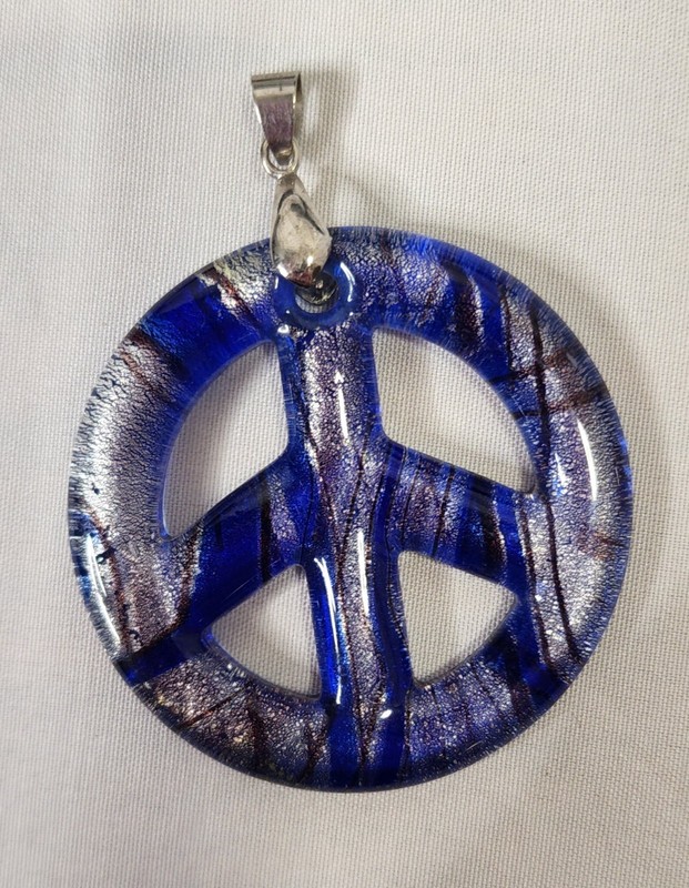 Vintage Blue & Silver Glass Peace Sign Pendant & Peace Bracelet gallery