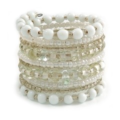 Wide Coiled Ceramic, Glass Bead Bracelet (Snow White, Transparent) – Adjustable