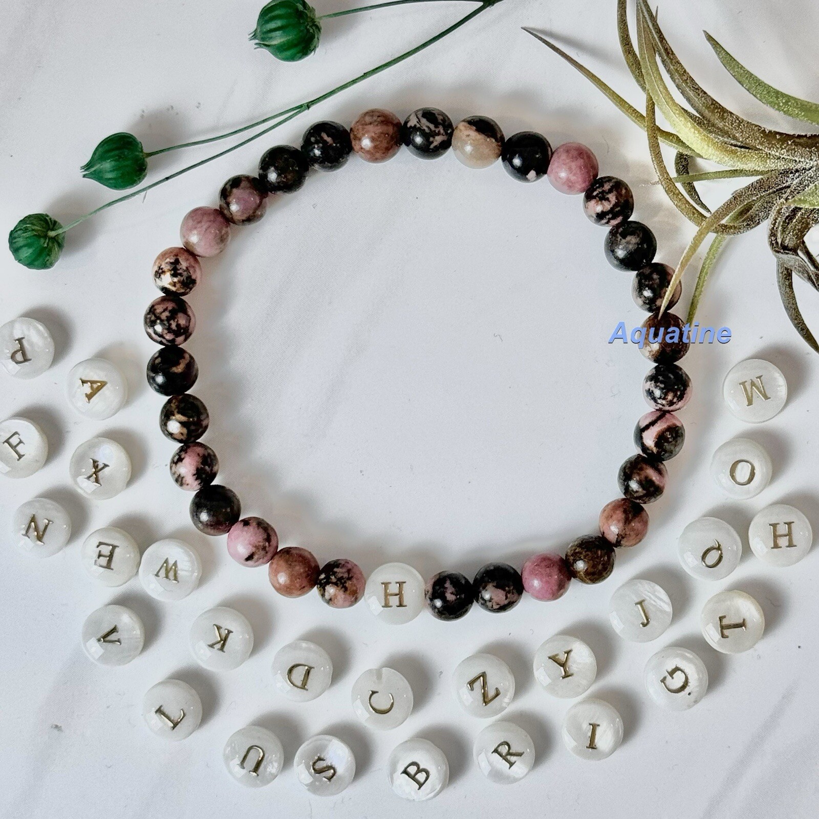 Rhodonite 6mm Natural Crystal Bead Initial Stretch Bracelet CUSTOM SIZING gallery