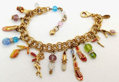 Vtg. Kirks Folly Enamel Shoes & Crystal Beads Charm Bracelet, 7″ to 9″, Lot#572