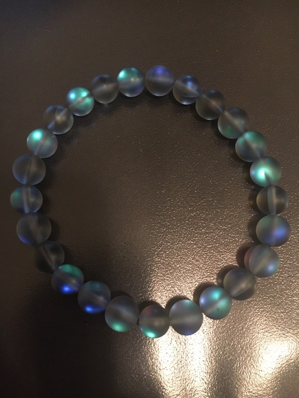 Women’s 7” Blue/Gray Moonstone Glowing Glass Aura Beaded Stretch Bracelet, Gift gallery
