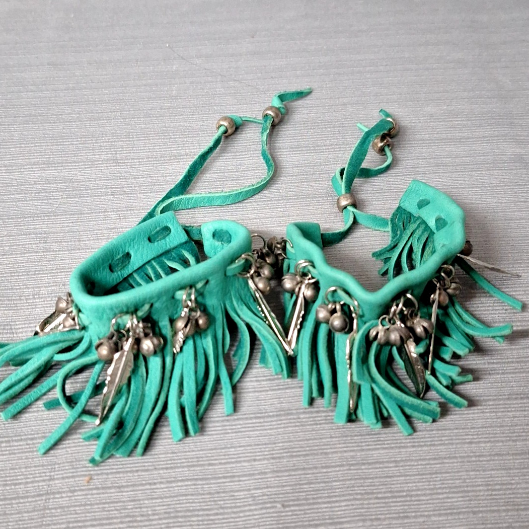 Pair of Faux Leather Bracelet Green Fringe Cuffs Bell Feather Bead Boho Festival gallery