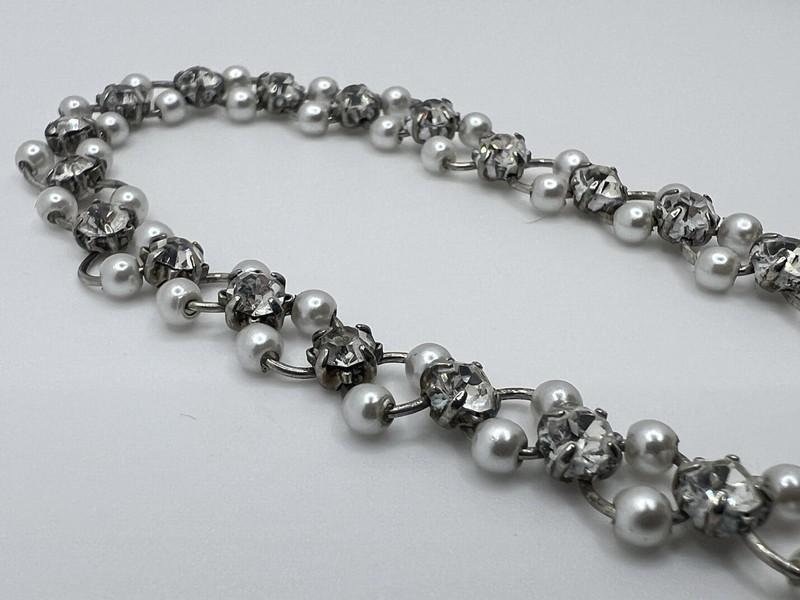 Vintage Silver Tone Double Row Faux Pearl Rhinestone Bracelet Fold-Over Clasp gallery