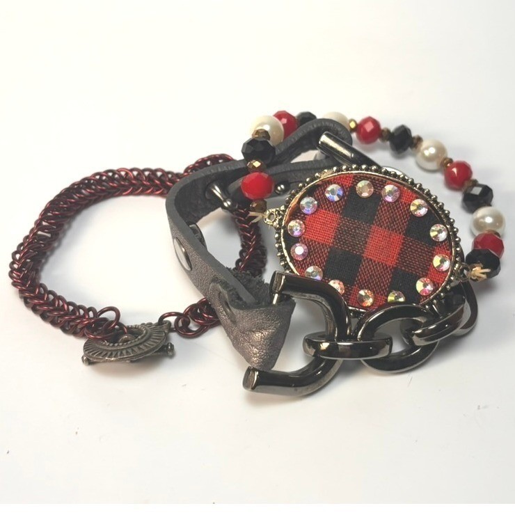 Bracelet Set Y2K Goth Punk Grunge Red Black Plaid Chainmail Leather Strap 3pc