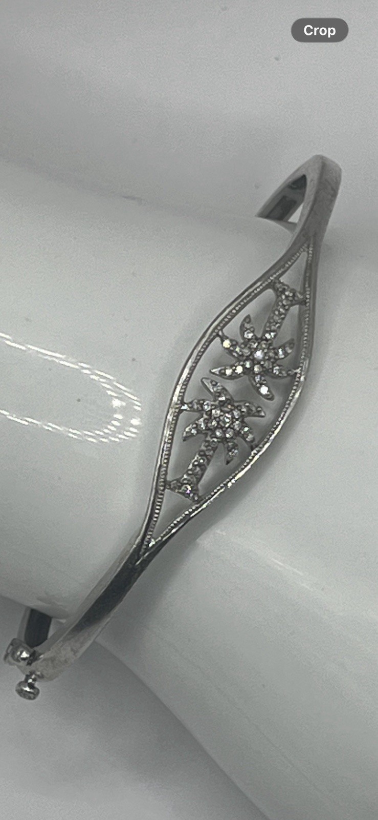 Sterling Silver Hinged Bangle Bracelet Palm Tree Pavé Round Diamonds Beach gallery