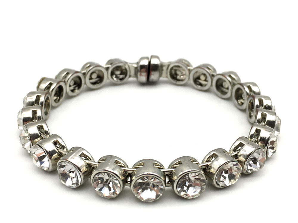 Vintage Clear Round Rhinestones Over SilverTone Clamper Bracelet Magnetic Clasp