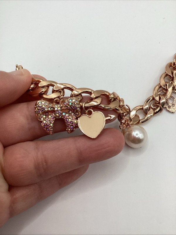 Rose Gold Tone Curb Chain Charm Bracelet W/ Faux Pearl,crystal Heart and Bow gallery