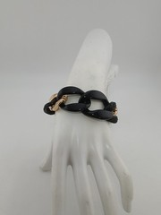 NINE WEST gold & black tone large cable chain links black stones bracelet