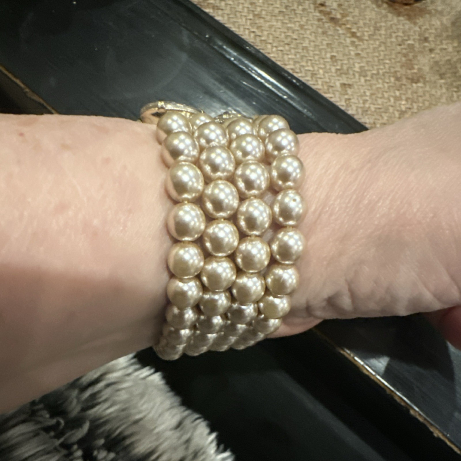 Statement Beaded Bracelet with Faux Pearls, Clear Oval Crystals, Stretch Fit gallery