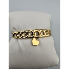 14K Gold Plated Curb Chain Heart Charm Bangle Bracelet Gold Tone Hinge Cuff