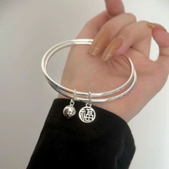Fashion 925 Silver Best Wish Chinese Style Bracelet Bangle Women Party Jewelry