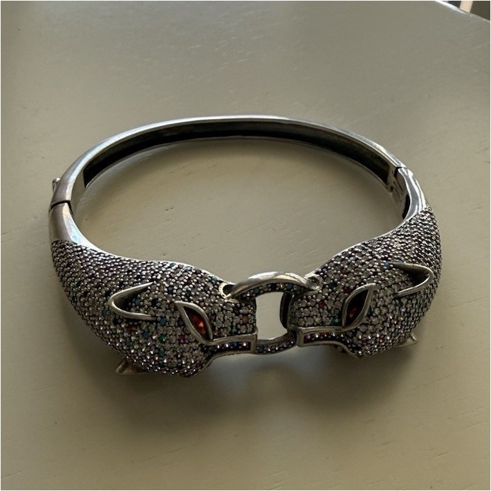 Silver Tone Animal Head Bangle Bracelet with Rhinestone Accents, Snap Closure gallery