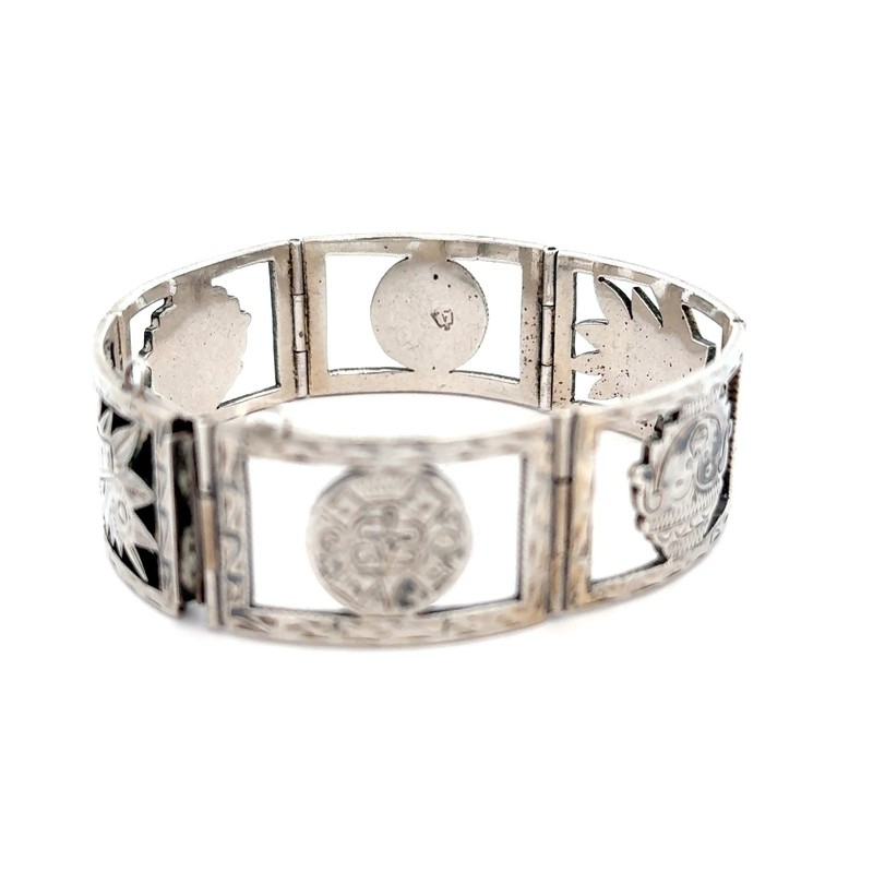 Vintage Mexican Sterling Silver Panel Bracelet 7" 37g Repoussé Symbolic Design gallery