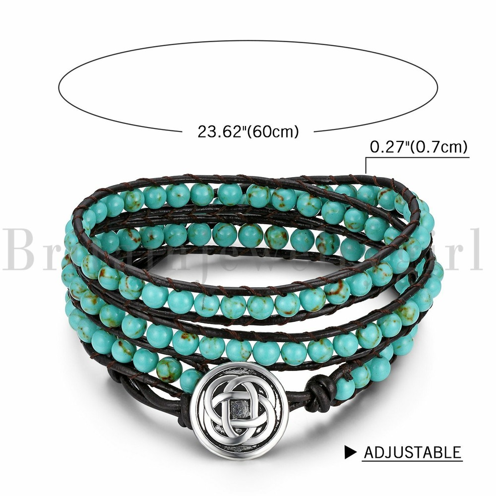 Handmade Celtic Knot Bracelet Leather Picasso Jasper Beaded Adjustable Wrap Cuff