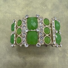 Green Enamel Stone and Clear Rhinestone Stretch Bangle Boho Chunky