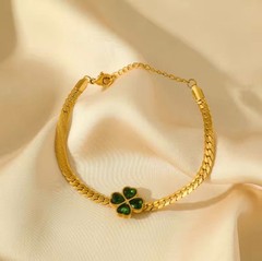 Gold Four Leaf Clover Bracelet Green Crystal Stainless Steel Lucky Charm Gift