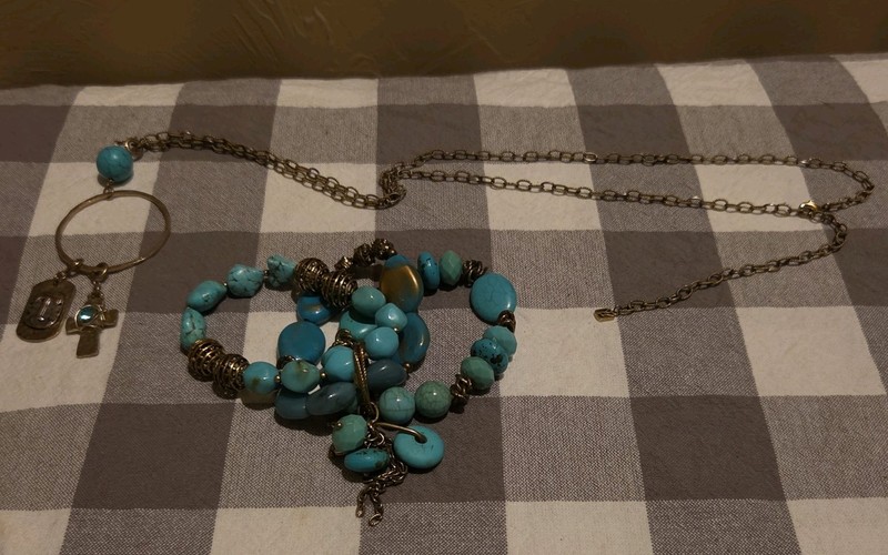 Chico's Skye Turquoise Bracelet 3 Strands & Necklace Turquoise Ball Charms Cross gallery