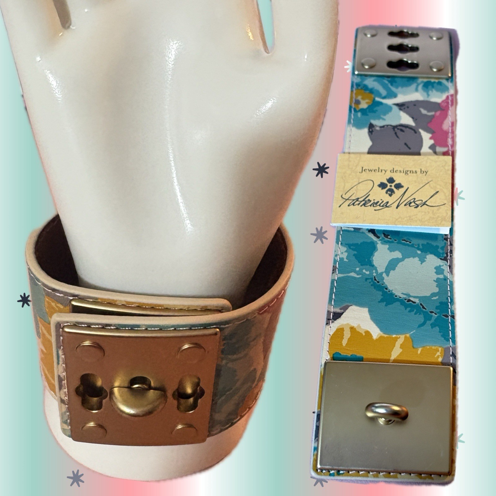 Patricia Nash 1st Bloom Floral Leather Pattern Triple Turn Lock Cuff Bracelet gallery