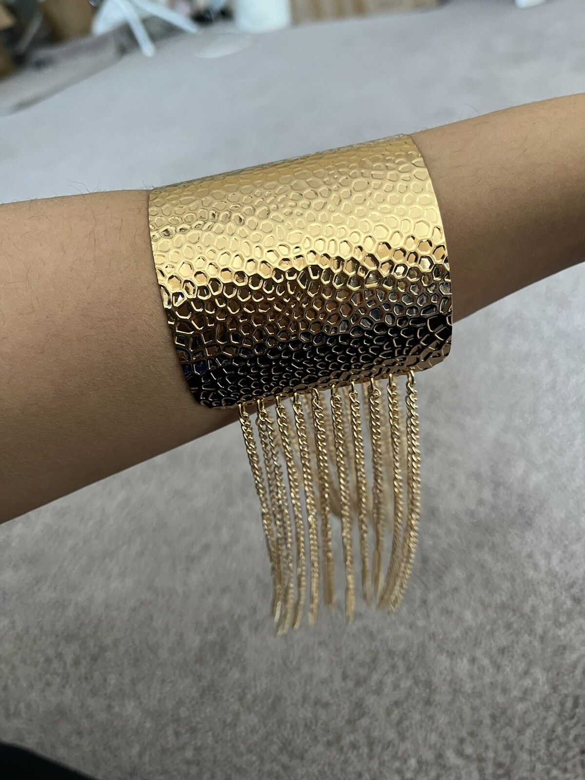 Gold Bracelet Cuff Chunky Fringe Chai Statement Armor Wide Metal Pageant 2.5” gallery