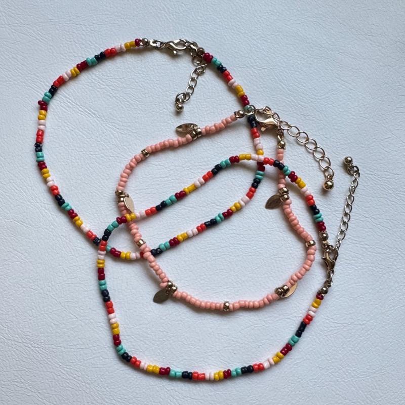 Boho Seed Bead Anklet Set (3pc) Gold Leaf Charm Multicolor Layered Beach Jewelry gallery