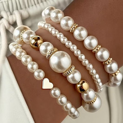 Set of 4 Imitation Crystal and Pearl Beaded Elastic Bracelets 7-8 inch