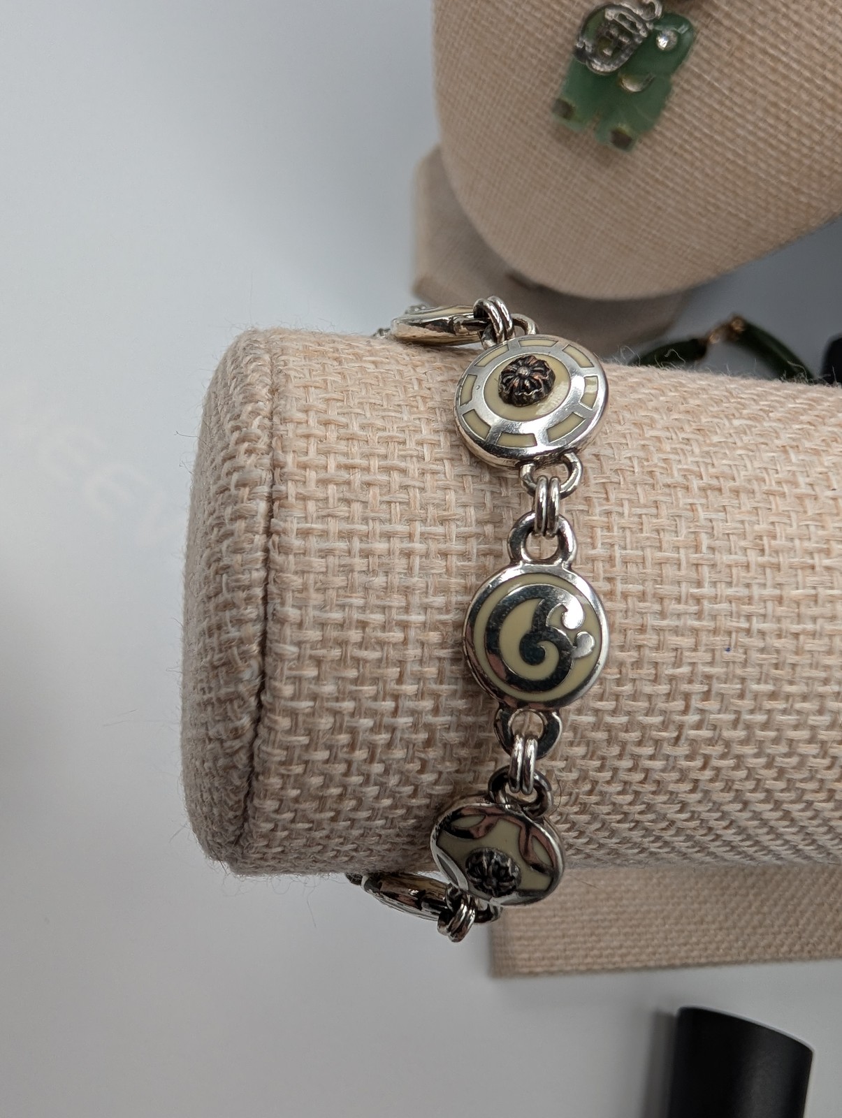 Brighton RARE Ramano Link Bracelet Silver Tone Cream Enamel Swirl Floral Design gallery