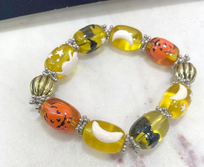Halloween Bracelet Ghost Bat Dark Night Yellow Glass Beaded Stretch Woman gallery