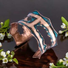 Solid Copper Statement Verdigris Patina Cuff Bracelet With Asymmetrical Cutouts