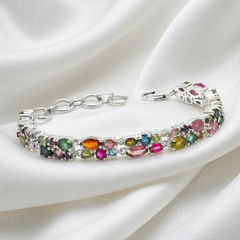 925 Sterling Silver Multi-color Tourmaline Gemstone Cluster Bracelet