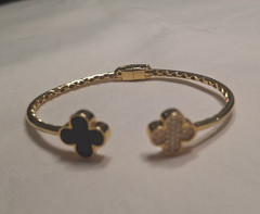 Rachel Zoe EHC 925 Sterling Silver Gold Plated Onyx CZ Double Clover Cuff Bangle