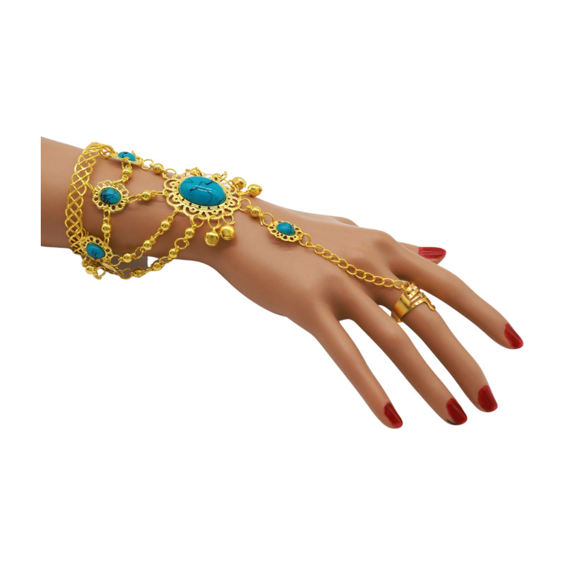 Women Gold Metal Hand Chain Cuff Bracelet Ring Turquoise Blue Fashion Bollywood gallery