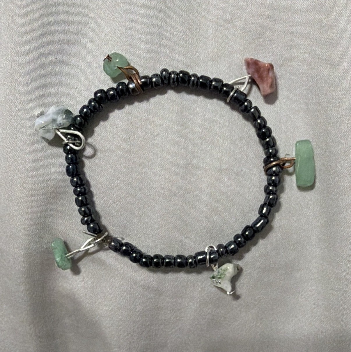 Black Round Beaded Bracelet, Ball/Bead Chain, Green & Pink Chip Dangle Charms gallery