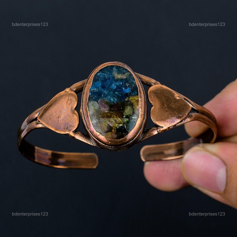 Copper Natural Watermelon Tourmaline Daughter Electroformed Heart Wedding Bangle gallery