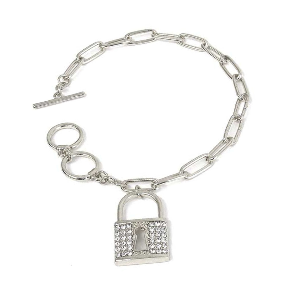 Crystal Lock Charm Chain Link Bracelet Silver Alloy