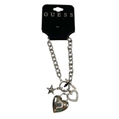 Guess Charm Bracelet Silver Clear Crystal Chain Heart Star Cross 7.5” NWT