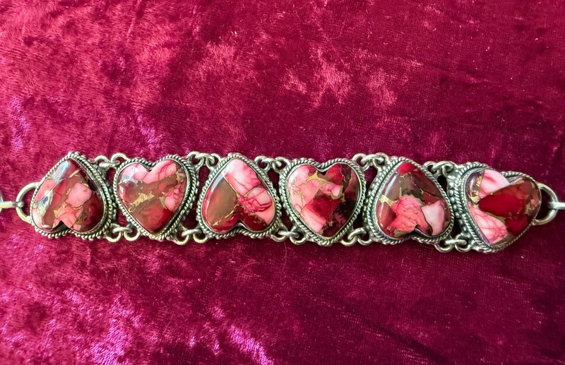 Silver Tone Heart Bracelet Red Rose Dahlia Inlay Adjustable Clasp 7-8 Inches gallery