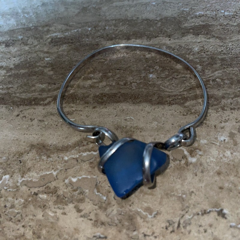 Sterling Silver Bangle Bracelet Hook and Eye Clasp Blue Sea Glass Artist Made gallery