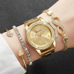 4PCS Women Luxury Quartz Watch Rhinestone Steel Band Bracelet Set Elegant Gift